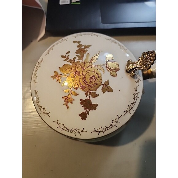 Vintage Porcelain Lidded Serving Pot Handle Gold Gilt Floral Brass Trim Elegant - Picture 2 of 15